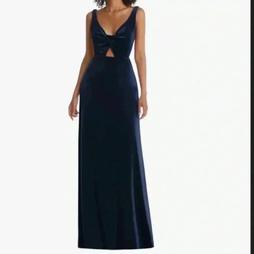 New Lovely Lux Velvet Front Twist Midnight Blue Dress Size 14